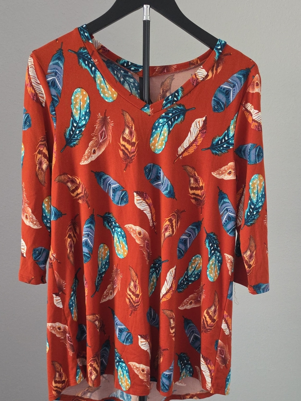 Agnes & Dora Rust Feather-Print V-Neck Tunic